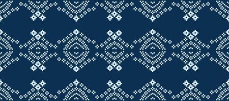 Fabric design cross stitch with blue color background ethnic fabric pattern pixel art. vector