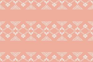 Pixel cross stitch design ethnic pattern motif with pink color background motif fabric. vector