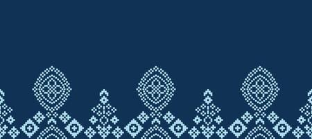 Decor ethnic cross stitch with blue color background fabric pattern pixel art design. vector