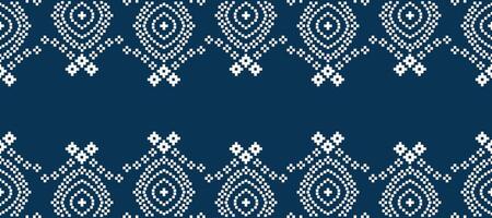 Cross stitch with blue color background ethnic fabric pattern decor. vector