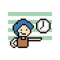 Cartoon pixel of male boy man and clock time management challange schedule 8 bit. vector
