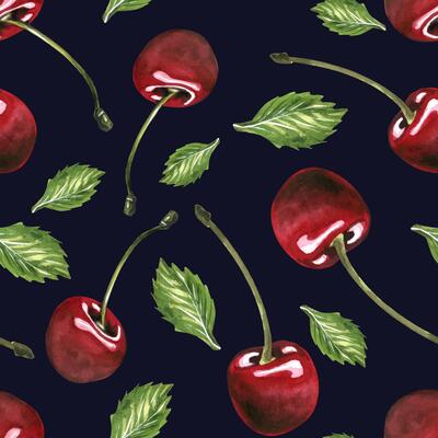 Red ripe cherries individual berries with stems, green leaves. Watercolor hand drawn illustration on the theme of fruits, food and desserts. Seamless pattern, ornament on a dark blue background