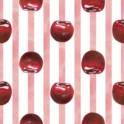 Red ripe cherries individual berries. Watercolor hand drawn illustration on the theme of fruits, food and desserts. Seamless pattern, ornament on a white background with pink stripes