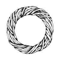 Round wreath of twisted vine branches, base for floral bouquets and frames. Graphic line art hand drawn with ink black and white illustration. Separate element isolated vector