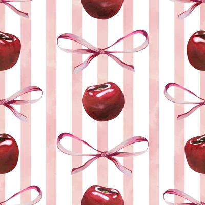 Red ripe cherries individual berries with bows. Watercolor hand drawn illustration on the theme of fruits, food and desserts. Seamless pattern, ornament on a white background with pink stripes