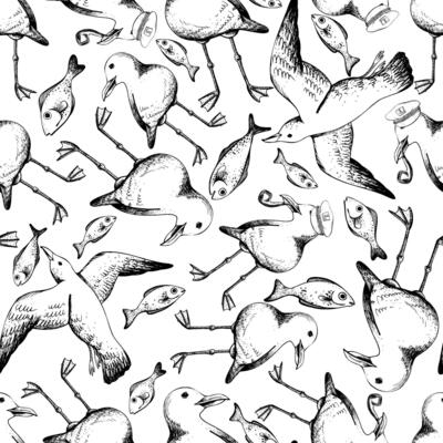 Sea gulls. flying, standing in a captain s cap and smoking a pipe. Watercolor illustration. Seamless pattern. For decoration of children s wallpaper, fabrics. textiles, clothing prints, paper