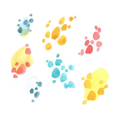A watercolor set of isolated paint stains and brush strokes in yellow, red, and turquoise-blue shades. Ideal for creative designs, artistic compositions, backgrounds, and abstract natural-themed