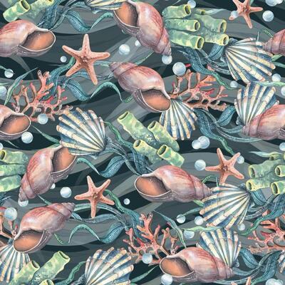 Seashells, seaweed, starfish, corals, sea sponges and pebbles, bubbles. Marine, nautical watercolor illustration of the underwater world hand drawn Seamless pattern repeating wave ornament