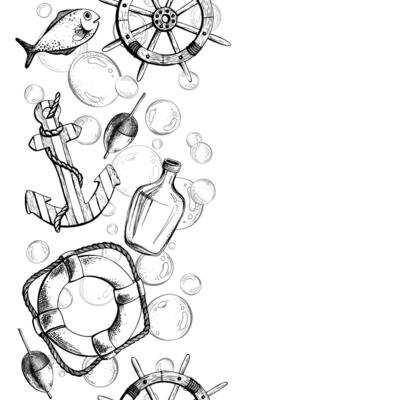 Anchor, ship s wheel, lifebuoy float fishing float with fish and bubbles. Watercolor hand-drawn illustration. Seamless border vertical, pattern, endlessly repeating ornament, on a white background