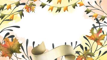 Orange autumn maple leaves, flags garland and twigs. Watercolor illustration, hand drawn. Horizontal frame, template for text rectangular isolated from background Thanksgiving, Harvest, Halloween vector
