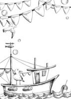 Fishing boat with sails mast, flying seagull, float on water, with garlands of flags, bubbles. Watercolor illustration hand drawn. Vertical frame, empty template for text vector