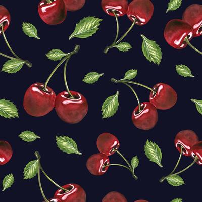 Red ripe cherries couple twins berries with green leaves. Watercolor hand drawn illustration on the theme of fruits, food and desserts. Seamless pattern, ornament on a dark blue background