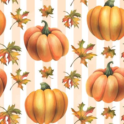 Orange autumn pumpkins with maple leaves. Watercolor illustration, hand drawn. Seamless pattern on a white striped background. Thanksgiving, Harvest, Halloween
