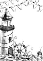 Marine striped lighthouse with ship s wheel and fishing float on water, with garlands of flags and bubbles. Watercolor hand-drawn illustration Vertical frame, empty template for text vector