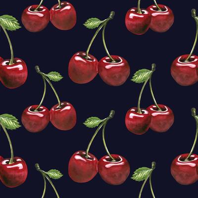 Red ripe cherries couple twins berries. Watercolor hand drawn illustration on the theme of fruits, food and desserts. Seamless pattern, ornament on a dark blue background, infinitely repeating