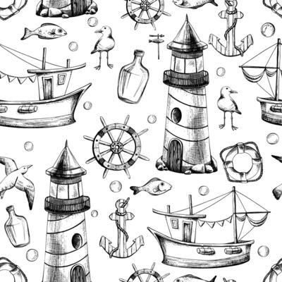 Watercolor illustration of a marine theme with lighthouse, a fishing ship, a steering wheel, an anchor, seagulls. Light, seamless pattern. For fabric, textiles, prints, wallpaper, paper, clothing.