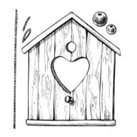 Birdhouse wooden, hanging with a hole in the shape of a heart with a rope and beads. Graphic line art hand drawn with ink black and white illustration. Set of elements isolated clip art vector