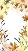 Orange autumn maple leaves, flags garland and twigs. Watercolor illustration, hand drawn. Vertical frame, template for text rectangular isolated from background Thanksgiving, Harvest, Halloween vector