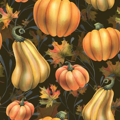 Orange autumn pumpkins with maple leaves and branches. Watercolor illustration, hand drawn. Seamless pattern on a dark brown background. Thanksgiving, Harvest, Halloween
