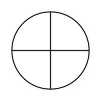 Circle divided in 4 segments. Outline style. Pizza, pie round shape cut in four equal slices. Black line chart. vector
