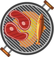 Grill with steaks and fish cooking over open flame. In cartoon style on a white background. Suitable for food themes, summer barbecue designs and culinary content. vector