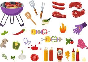 BBQ set with grilled food and cooking tools. In cartoon style on a white background. Suitable for culinary and picnic themed content. vector
