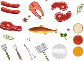 BBQ set with meat, fish, sauces, and grilling utensils. In cartoon style on white background. Suitable for culinary and picnic themed content. vector