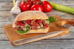 A sandwich on a cutting board with tomatoes and garlic photo