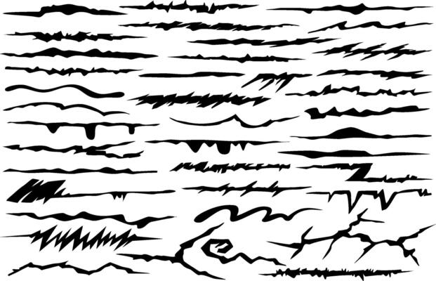 Breaks on land surface isolated on white background. Surface cracks and fissures in ground, concrete. Broken ground, wall, glass pattern effect. Damage
