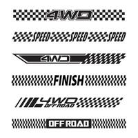Set checkered flag designs, racing stripe speed, finish line motorsport, silhouettes text lines vector