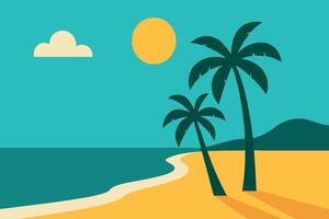 Tropical beach with palm trees and ocean waves under a sunny sky vector