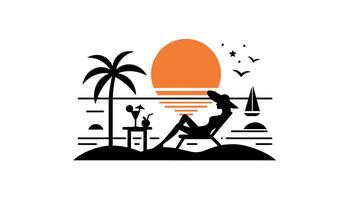 a woman sitting on a chair with a drink in front of a palm tree vector