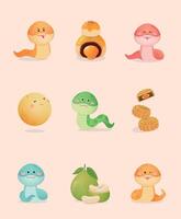 illustration set of moon, snake, moon cake and pomelo, Mid-Autumn Festival elements vector