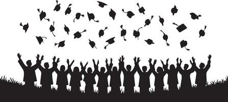 Wide Silhouette of Graduating Class Tossing Mortarboards on Lawn vector