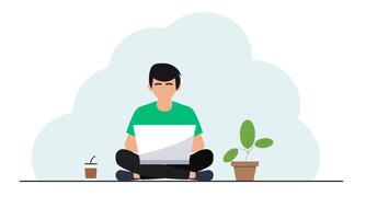 flat design of a man working in front of a laptop while sitting casually. vector