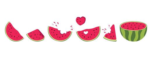 Set of watermelons, assorted pieces, slices, half in simple, flat style. Design for poster, banner, poster, postcard. vector
