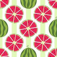Seamless pattern of watermelon slices in flat style. Illustration on delicate, green striped background. vector
