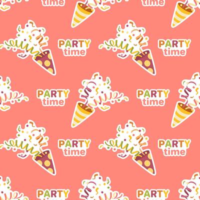 Seamless pattern happy birthday sticker, clapper with confetti and streamers on bright background. Birthday, holiday, celebration, celebration, holiday, congratulations, invitation. .