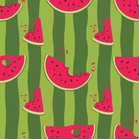 Seamless pattern of watermelon in the form of slices, slices, halves. Illustration on the background of watermelon rind. vector