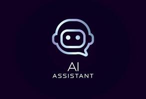 AI assistant logo with robot face in speech bubble shape, glowing futuristic lines. Ideal for chatbots, digital helpers, smart support tools, tech branding. illustration. vector