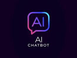AI chatbot logo with speech bubble icon, futuristic digital assistant concept. Tech startup branding, app interface design. Flat minimal neon illustration vector