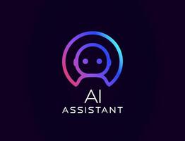 AI assistant logo with friendly robot avatar in headset, glowing gradient outline. Ideal for virtual help tools, customer support bots, tech branding. illustration. vector