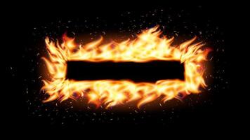 Burning rectangular fire frame with glowing flames and sparks on black background. Ideal for dramatic banners, warning signs, energetic promo visuals. illustration. vector