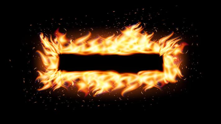 Burning rectangular fire frame with glowing flames and sparks on black background. Ideal for dramatic banners, warning signs, energetic promo visuals. illustration.