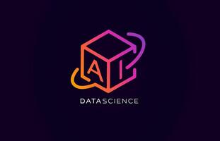 Lines 3D cube, Data science AI logo in futuristic neon style for tech branding, machine learning tools, big data analytics. Modern abstract bigdata icon. illustration vector