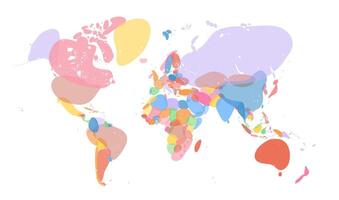 World map, abstract colorful continents, distorted artistic layout. Useful for infographics, education, data visualization, global concepts. illustration vector