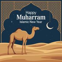 happy muharam islamic new year greeting card with camel and moon concept vector