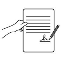 Pen signing a contract icon with signature, paper symbol isolated on white background. vector