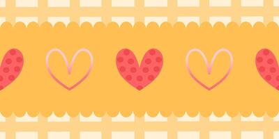 Groovy patterned border frames set - wavy edge, checkered, yellow striped decorative square frame collection with red heart shape. vector