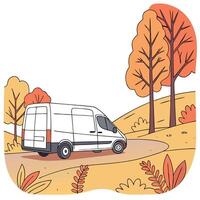 Modern delivery van on a late sunny autumn day. Picturesque park. vector